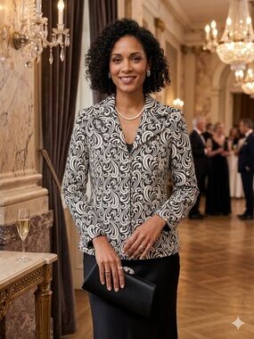 VTG Victor Costa Beaded Scroll Print Blazer Jacket Zip Front Size 10